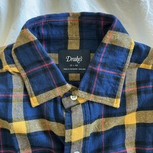 Drakes Navy and Mustard Plaid Shirt
